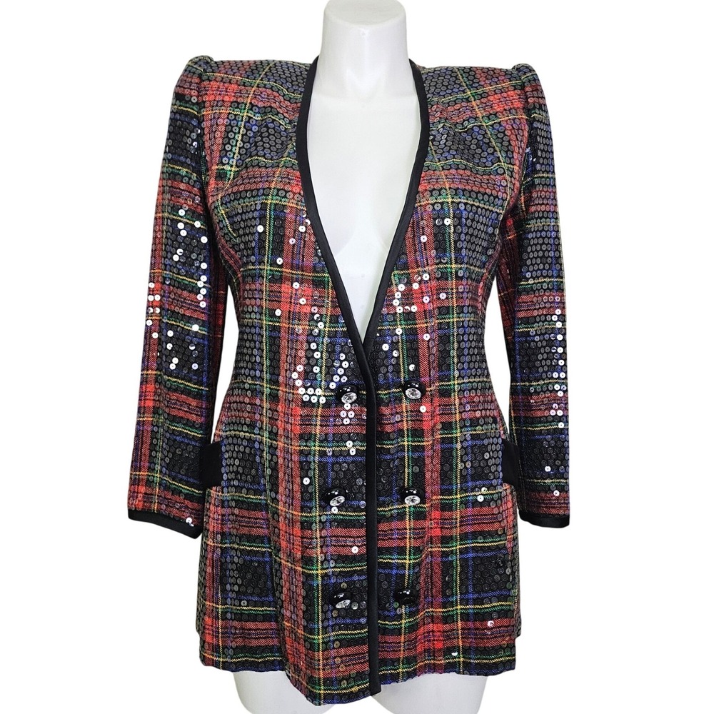 Vintage After Five Julie Duroche Sequin Plaid Blazer Jacket Red Black Size 10
